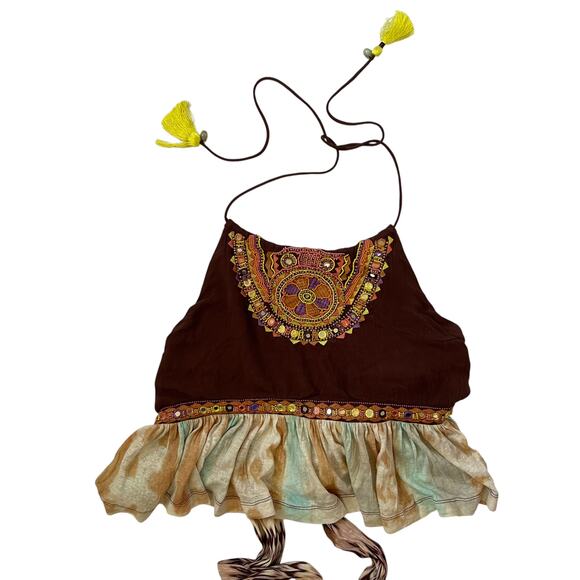 NWT Free People Sandstorm Halter Top - Brown with Multicolors - Beaded - Size S - Picture 4 of 8